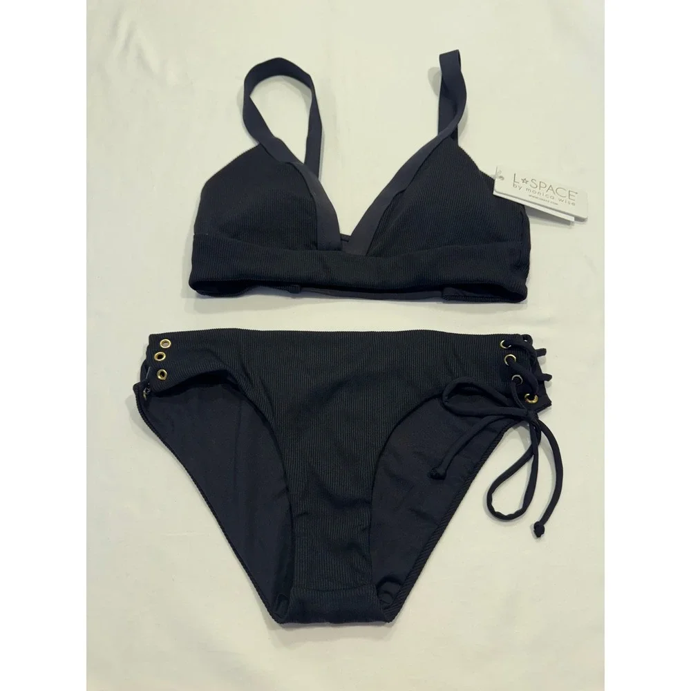 L*Space Bikini Set Ribbed Lace Up Side Grommet Small Black New With Tags NWD